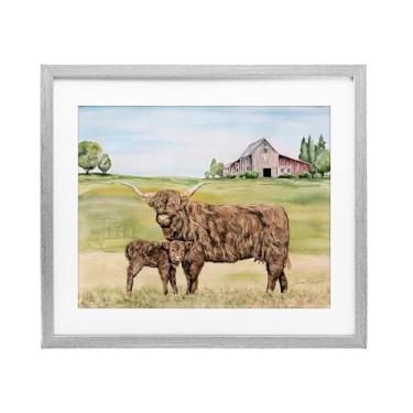 Imagem de Stupell Industries Impressão emoldurada Highland Cow And Calf Gray Under Glass, design by Jean Plout, 13 x 16
