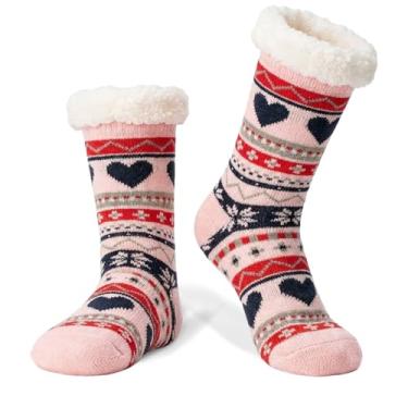 Imagem de LIGHT DOT Meias femininas de inverno forradas de lã de ovelha com estampa de coração, antiderrapante, aderente, aconchegante, macia, quente, presente de Natal, Rosa marinho, 6-10