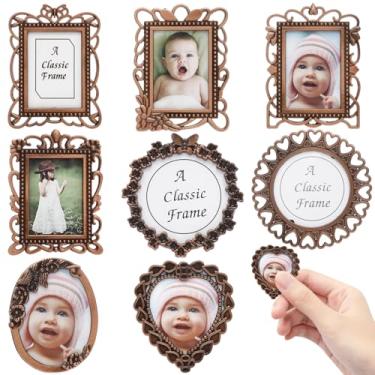 Imagem de HJJWNDDNG 8 peças, mini porta-retratos vintage, decoração de liga de zinco, pequena moldura de metal com suporte removível para parede de prateleira de mesa
