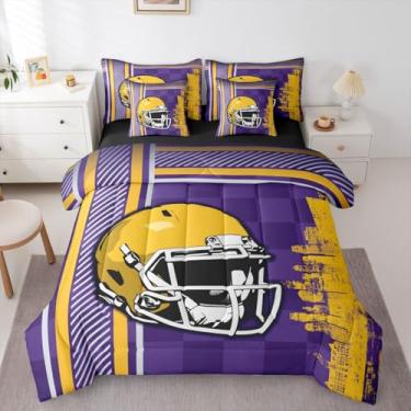 Imagem de Jogo de cama queen com edredom para meninos, futebol americano, 7 peças, jogo de futebol americano, conjunto de cama com capacete de fã de bola de rúgbi, amarelo e roxo (Minnesota)