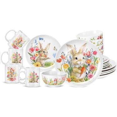Imagem de Zhehao Conjunto de 16 peças de louça de coelho da Páscoa, de cerâmica, coelho, inclui prato de jantar de 25 cm, prato de salada de 12,7 cm, tigela de cereal de 12,7 cm, caneca de café de 473 ml, para