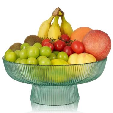 Imagem de Tigela de frutas de vidro, tigela decorativa vintage para balcão de cozinha, copos verdes com nervuras, tigela de pedestal, centro de mesa, decoração grande tigela de servir para pão, doces, lanches,