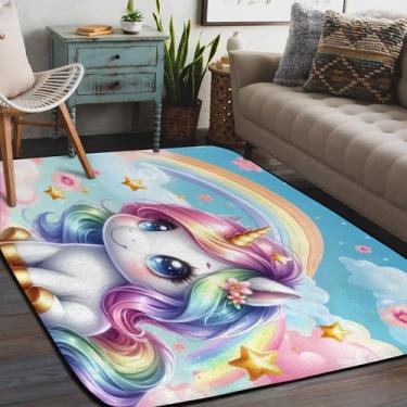 Imagem de Tapete de área para sala de estar, lavável à máquina, unicórnios, tapete antiderrapante colorido, macio, para sala de estar, quarto, sala de jantar, berçário, cozinha, decoração de casa