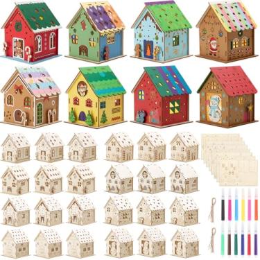 Imagem de Threehoney 24 conjuntos de casas de Natal de madeira e canetas de aquarela, kit de casa de pão de gengibre, vila de Natal de madeira, faça seu próprio artesanato de grafite 3D para atividades, arte