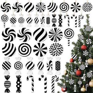 Imagem de B1ykin Conjunto de enfeites de árvore de Natal de bengala doce, 41 peças, impressão dupla face, preto, branco, cana-de-açúcar, decoração de artesanato em madeira, suprimentos de festa de Natal de