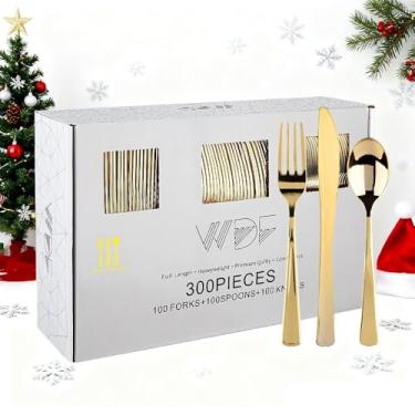 Imagem de WDF 300 peças de talheres de plástico dourado – conjunto de talheres descartáveis resistentes, conjunto de talheres de plástico dourado inclui 100 garfos, 100 colheres e 100 facas para festa