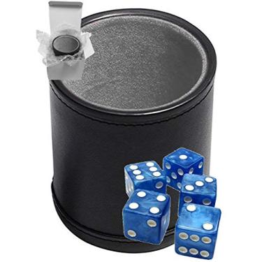 Imagem de Set of 16mm Marbleized Squared Corners Dice and Black PU Leather Dice Cup Plush Velvet Lined - Gift Boxed (Blue Dice, Black/Grey Cup)
