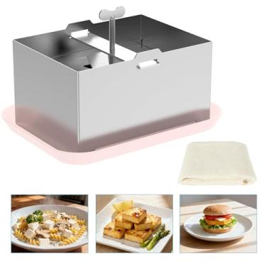 Imagem de Prensa de tofu de aço inoxidável, máquina de paneer SUS304 com toalha de pressão e bandeja coletora, remoção rápida de água e sabor aprimorados, máquina de tofu para tofu firme de 900 g, queijo