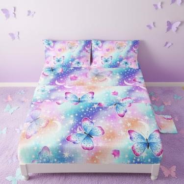 Imagem de QOOMO Jogo de cama Queen com estampa de amor e borboleta, leve para todas as estações, colorido para decoração de quarto, 1 lençol com elástico, 1 lençol de cima, 2 fronhas