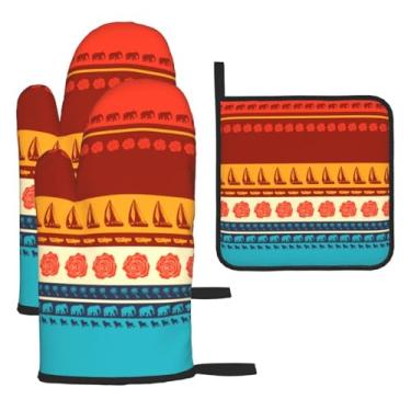 Imagem de Conjunto de cozinha essencial de 3 peças com estampa africana, indiana, listrada, luvas resistentes ao calor e alça de tampa, proteção para churrasco no forno, design de armazenamento suspenso.