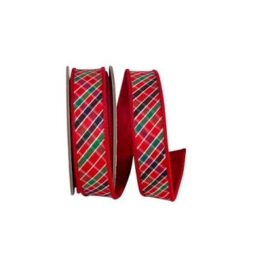 Imagem de Reliant Ribbon Fita xadrez pequena diagonal Deluxe Dupioni com borda com fio, vermelho/verde