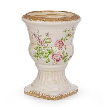 Imagem de Sungmor Vaso de urna de cerâmica pequeno - Vaso de flores com pedestal floral de rolagem rosa, vasos decorativos vintage estilo chinoiserie, suporte de vaso toscano para plantas internas e externas