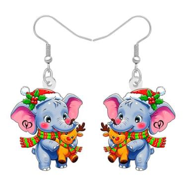 Imagem de NEWEI Brincos pendentes de elefante de Natal fofos presentes de elefante de circo para mulheres amantes de animais, desenhos animados de acrílico, decorações de Natal, acessórios de joias de inverno