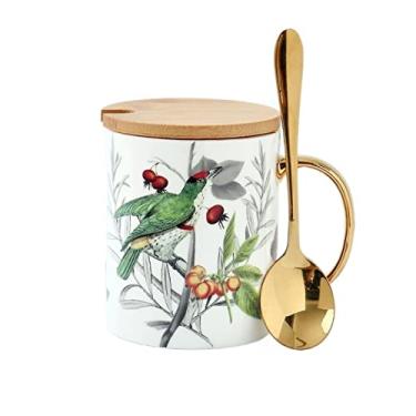 Imagem de GRFIT Caneca 300 ml Caneca criativa pintada à mão caneca de osso china escritório casa grande capacidade café da manhã copo de leite com tampa colher caneca de café (cor: 1)