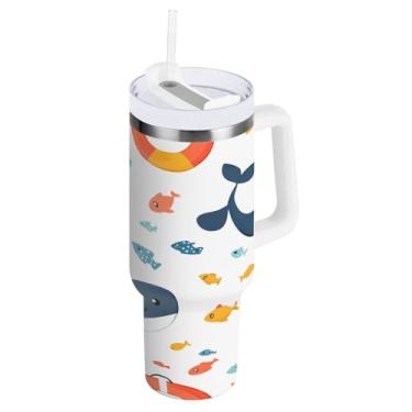 Imagem de Qilmy Boias salva-vidas e golfinhos de 850 g com tampa e palha, copo isolado de aço inoxidável durável à prova de vazamento com alça, garrafas de água à prova de derramamento para viagens1470