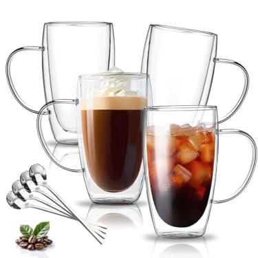 Imagem de DINGPAl 425 g Canecas de café de vidro murado duplo, conjunto de 4 canecas de café grandes de camada dupla de parede isolada, copos de vidro borossilicato com alça e colher para latte, cappuccino