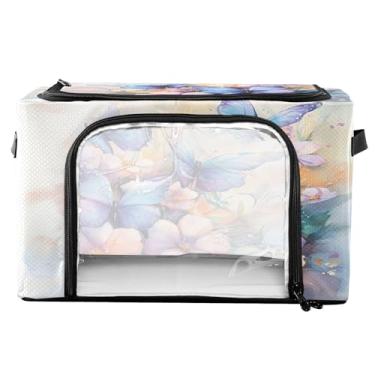 Imagem de xigua Caixas de armazenamento de roupas para buquê floral em aquarela com moldura de metal, 2 formas de abertura, caixa organizadora de roupas dobrável com janela transparente e alças para roupas