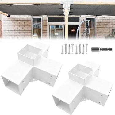 Imagem de ITEVE.GD Kit de suporte DIY de pérgula de 4 vias, suportes de canto de ângulo reto resistentes brancos com parafusos para vigas de madeira de 10 x 10 cm (reais: 8,9 cm x 8,9 cm) para pavilhão ao ar