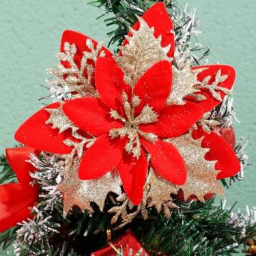 Imagem de 5 peças de tecido com glitter de Natal, flor, poinsétia artificial, cabeça floral, árvore de Natal, decoração faça você mesmo, enfeite de guirlanda, decoração de casa, ouro vermelho 14 cm