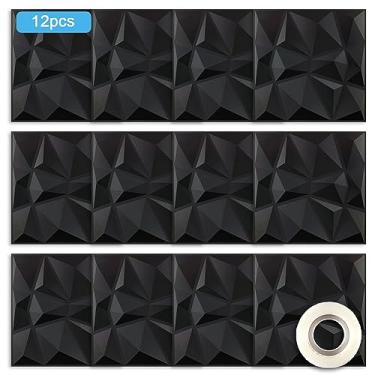 Imagem de 12 peças Painel de Parede 3D Decorativo PVC com Textura Diamante e 1 Rolo Fita Adesiva - para Decoração Casa Escritório