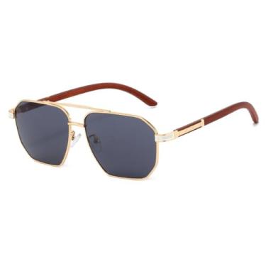 Imagem de Óculos de Sol Masculinos com Textura de Madeira, Armação Dupla de Metal, Proteção UV400, Estilo Casual para Viagens (Dourado, Branco e Cinza)