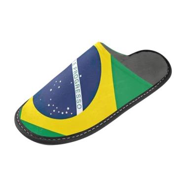 Imagem de Chinelos femininos felpudos com bandeira do Brasil, chinelos peludos, antiderrapante, espuma viscoelástica tamanho 4-5, Bandeira do Brasil, 9-10 Wide