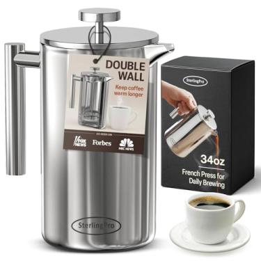 Imagem de SterlingPro Cafeteira French Press (1L) - Prensa de café grande de parede dupla com 2 filtros extras - Desfrute de café sem grânulos, acessório de cozinha elegante sem ferrugem - aço inoxidável