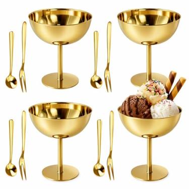 Imagem de YITOBA Pacote com 4 tigelas de sorvete de aço inoxidável, copos de sobremesa pequenos de 200 ml com colheres, lindos pratos de sorvete, tigela decorativa reutilizável com pés para sudae, pudim, salada