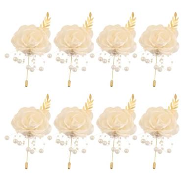 Imagem de Ljxoaieu Boutonniere artificial masculino 8 peças com detalhes de pérola e detalhes de folha de ouro flores artificiais, broche de lapela bege champanhe para ternos, decoração para baile/bolas