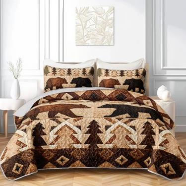 Imagem de AILONEN Conjunto de colcha rústica de urso, solteiro, cabana de campo, urso, marrom, leve, reversível, colcha de cama para casa com 2 fronhas
