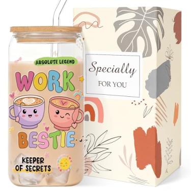Imagem de Shejdgart Copos de vidro Work Bestie Gifts - Copo de vidro com canudo e tampa, presente fofo para colegas de trabalho para mulheres irmã melhor amiga colega professora aniversário formatura Natal