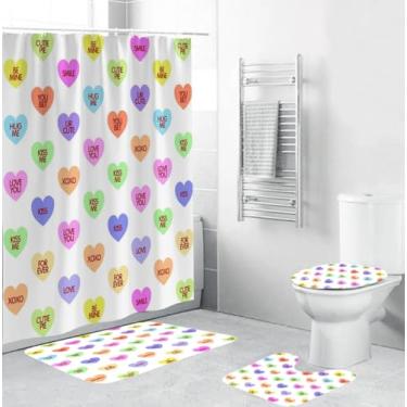 Imagem de Conjunto de 4 peças de cortina de chuveiro de coração colorido para decoração de banheiro do dia dos namorados com tapetes antiderrapantes à prova d'água para banheira, tampa de vaso sanitário