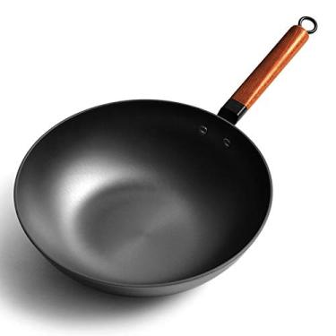 Imagem de Conjuntos de panelas Wok de ferro tradicional artesanal wok de ferro panela antiaderente sem revestimento indução e fogão a gás panelas (tamanho: 30 cm)