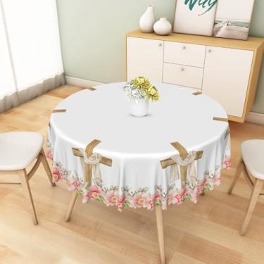 Imagem de SIEDYCV Toalha de mesa redonda com cruz de Páscoa, 178 cm, rosa, floral, de madeira, tecido cruzado, poliéster, impermeável, reutilizável, capa de mesa circular para chá de bebê, batismo, decoração de