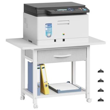 Imagem de YAOHUOO Suporte de impressora grande com gaveta de 2 andares para escritório em casa, carro de impressora para fax/impressora 3D/scanner, 56 x 38 cm, branco
