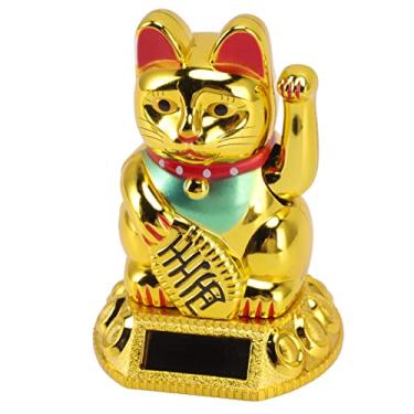 Imagem de Irfora Estátua de Braço Oscilante Com Luz Solar de Gato da Fortuna Chinesa, Amuleto Riqueza, Sorte, Decoração Carro para Casa Alegre Plástico Premium (Ouro)