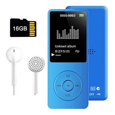Imagem de Leitor de MP3, leitor de música com cartão micro SD de 16 GB, alto-falante/reprodução de foto/vídeo/rádio FM/gravador de voz/leitor de e-book, suporta até 128 GB (azul escuro)