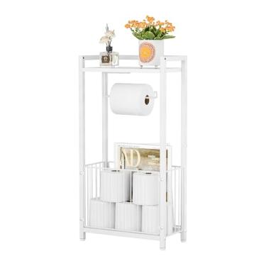 Imagem de Suporte de papel higiênico independente com prateleira de armazenamento - Dispensador e organizador de papel higiênico multifuncional para suporte de lenços de banheiro com espaço para revistas de