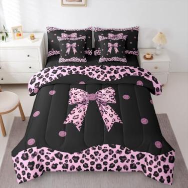 Imagem de Feelyou Conjunto de edredom casal com laço de leopardo rosa, 7 peças, para crianças, meninos, meninas, guepardo, cama de guepardo (jogo de edredom, lençóis e capas de almofada) para quarto de bolinhas