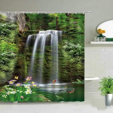 Imagem de Cortinas de chuveiro paisagem floresta árvore montagem cachoeira cenário poliéster conjunto cortina banheiro decoração banheira com ganchos 48x72in-122x183cm/LxA