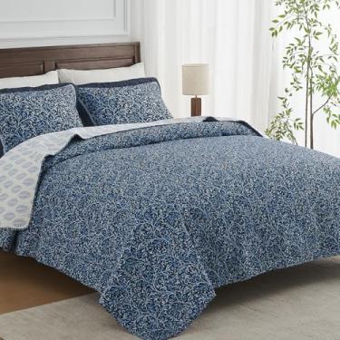 Imagem de Finlonte Conjunto de cama queen size, 100% algodão, edredom queen botânico moderno, floral, leve, macio, acolchoado para todas as estações, 3 peças