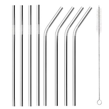 Imagem de Combo 08 Canudos Inox Curvos com Escova Ecológico Reutilizáveis Laváveis 21 cm para Churrascos, Praias e Refeições em Família, Adaptado ao Estilo Brasileiro(Kit com 08 Canudos)