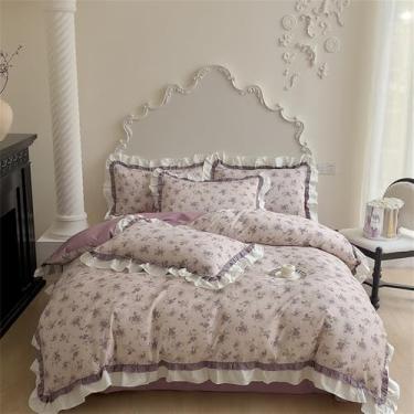 Imagem de Jogo de cama com estampa vintage de rosas em algodão, com babados, capa de edredom, lençol e fronhas, estilo 5, tamanho Queen (200x230cm), 4 peças.