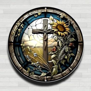 Imagem de Cruz de vitral com girassol e trigo vintage placa de parede redonda de alumínio rústico, 20 cm, presentes internos e externos e decoração para casa, escritório, café e quintal