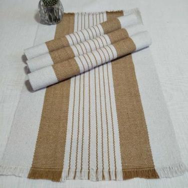 Imagem de Jogo Americano Natal 4 Peças Algodão Artesanal Tear Manual - Mesa Posta Rústica Elegante (Crú e Marrom Claro)