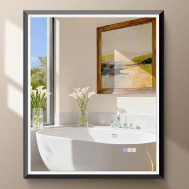 Imagem de USHOWER Espelho de maquiagem de 91 cm x 76 cm com luzes, espelho de banheiro emoldurado de alumínio preto com luzes, antiembaçamento, regulável contínuo, função de memória, espelho de banheiro de 3