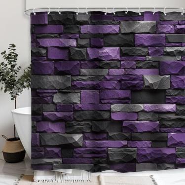 Imagem de Glawry Cortina de chuveiro de parede de tijolo de pedra retrô preta roxa mármore geométrica arquiteta rústica moderna minimalista banheiro moda 182 cm L x 182 cm C acessórios de banho arte decoração