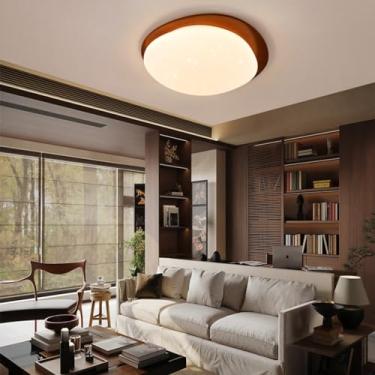 Imagem de Luminária de teto LED de madeira - Design moderno com intensidade ajustável, controle remoto, estampa de céu estrelado - Ideal para sala de estar, banheiro, quarto e cozinha (Cor: Nogueira,