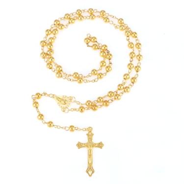 Imagem de OEMOO Rosário católico, colar de rosário com bolsa de couro, contas de oração douradas, presentes cristãos para mulheres, presentes católicos (A)