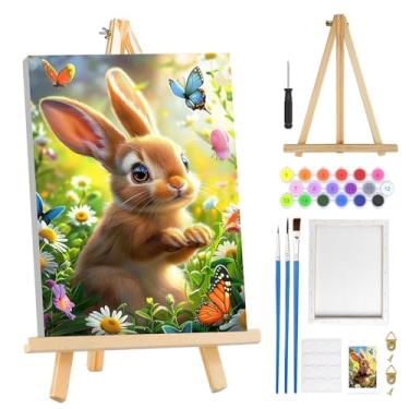 Imagem de MOGTAA Kit de pintura de coelhinho da Páscoa por números para adultos iniciantes com moldura, kits de pintura de borboleta por números em tela com cavalete, kits de pintura a óleo de flores DIY fáceis